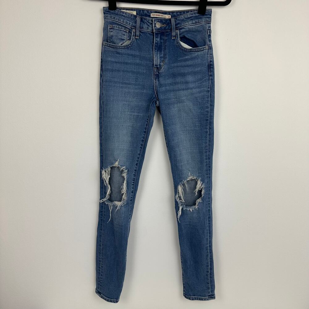 Levi's Womens 721 High Rise Skinny Five-Pocket Distressed Medium Wash Jeans 25